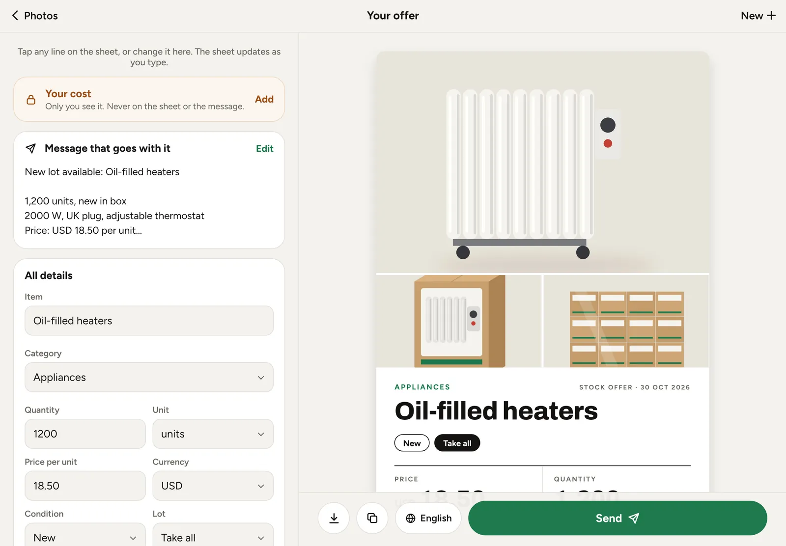 Offer Maker on iPad: the details form on the left and the live offer sheet on the right