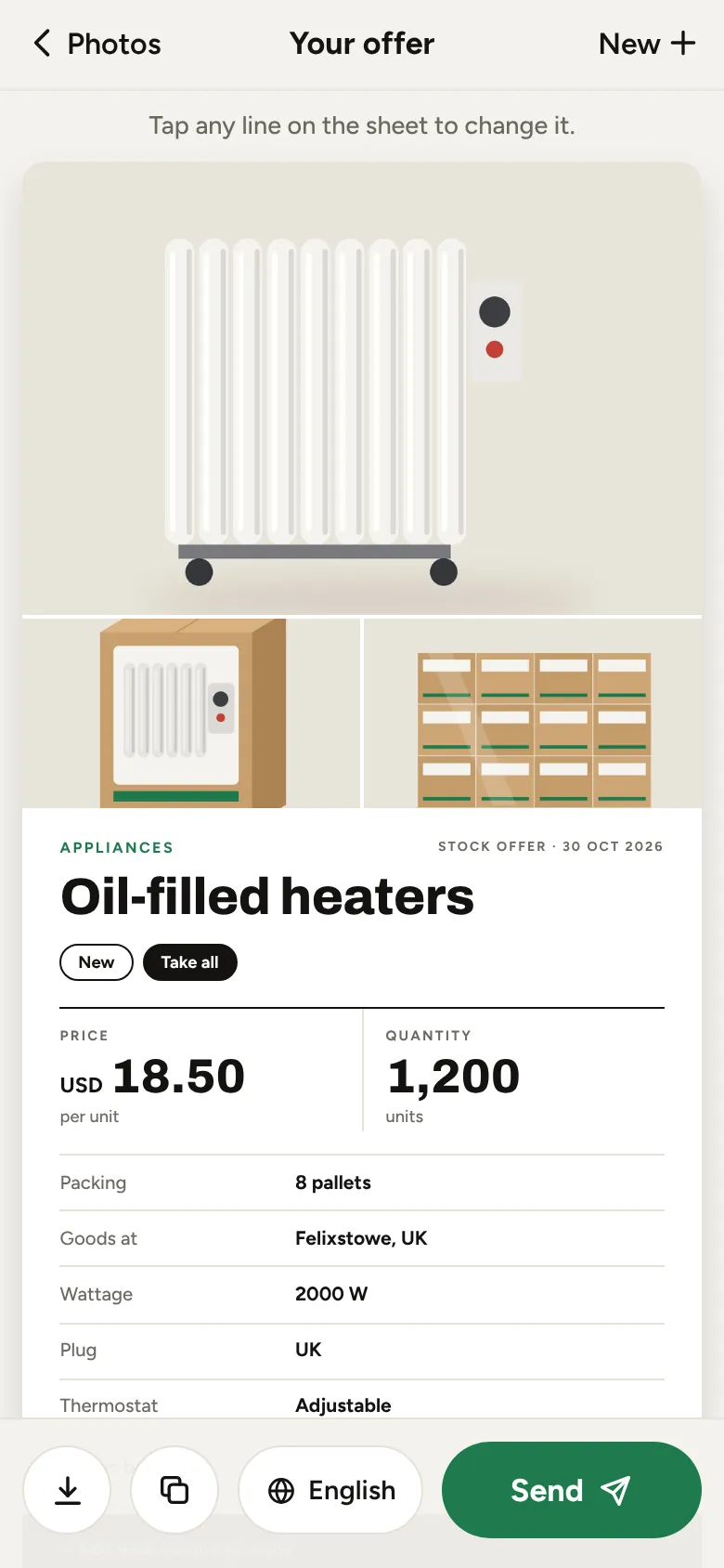 Offer Maker: a finished offer sheet for 1,200 oil-filled heaters at USD 18.50, with a Send button